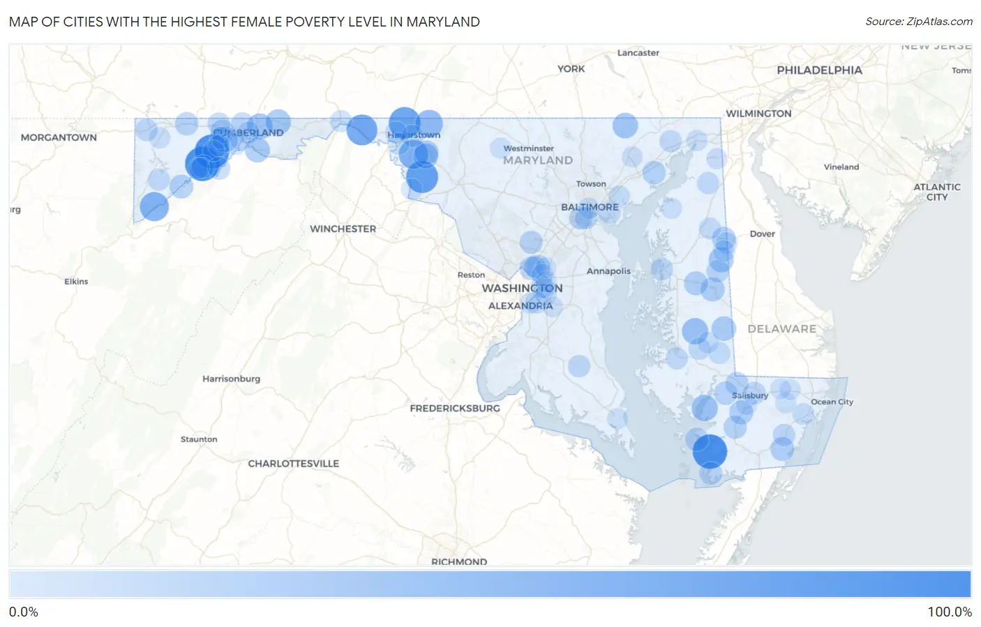 Cities with the Highest Female Poverty Level in Maryland Map