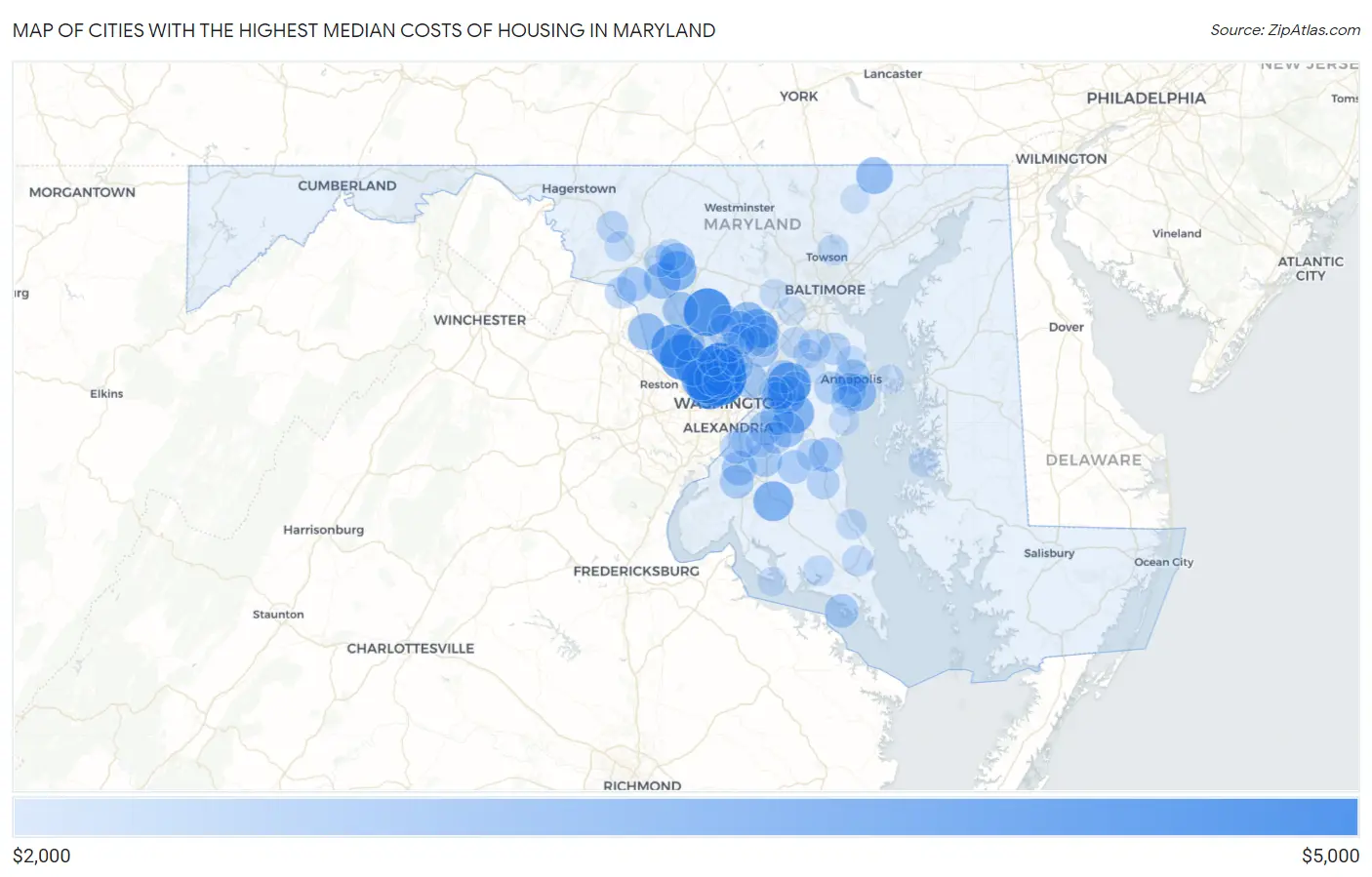 Cities with the Highest Median Costs of Housing in Maryland Map