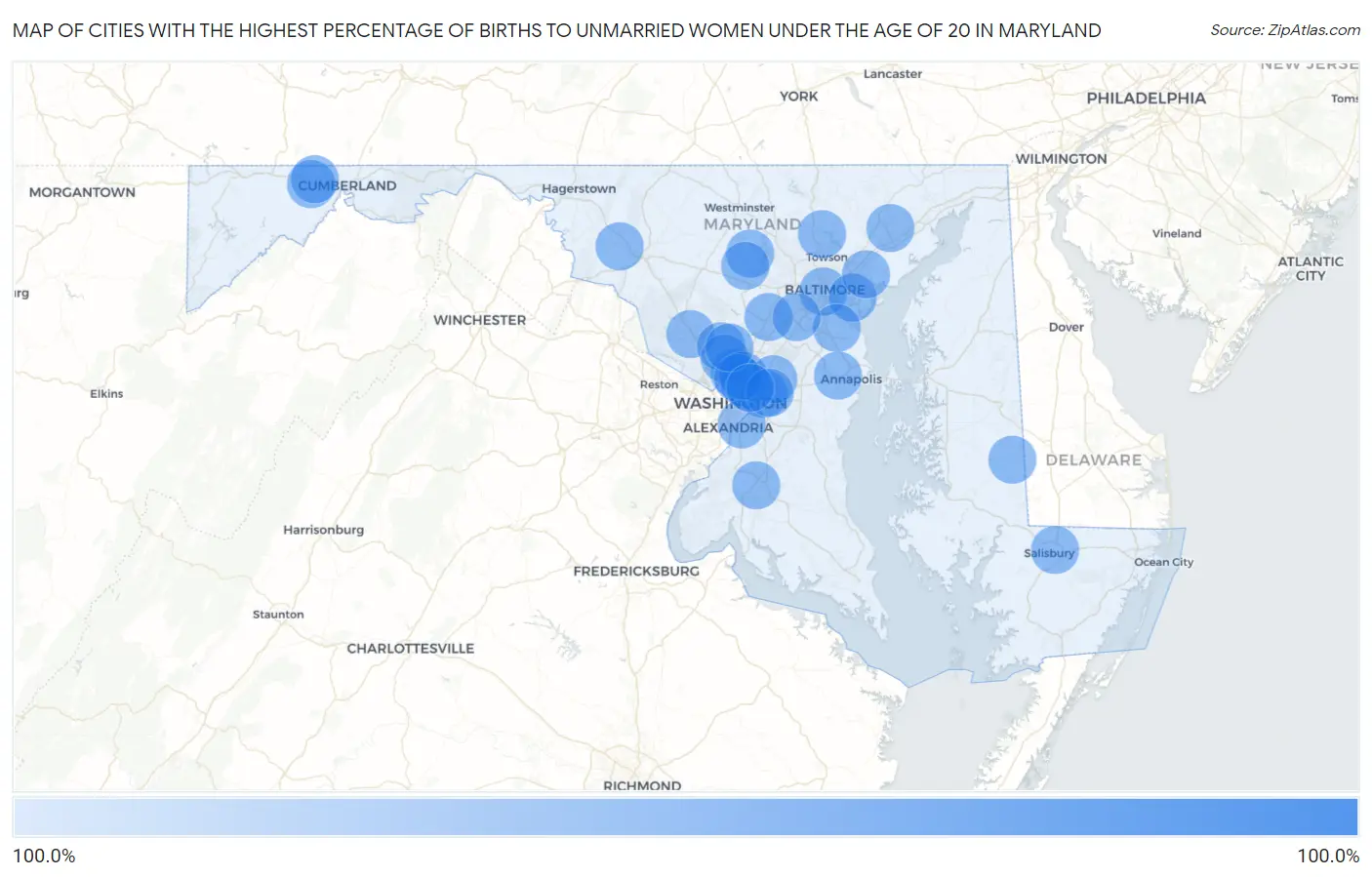 Cities with the Highest Percentage of Births to Unmarried Women under the Age of 20 in Maryland Map