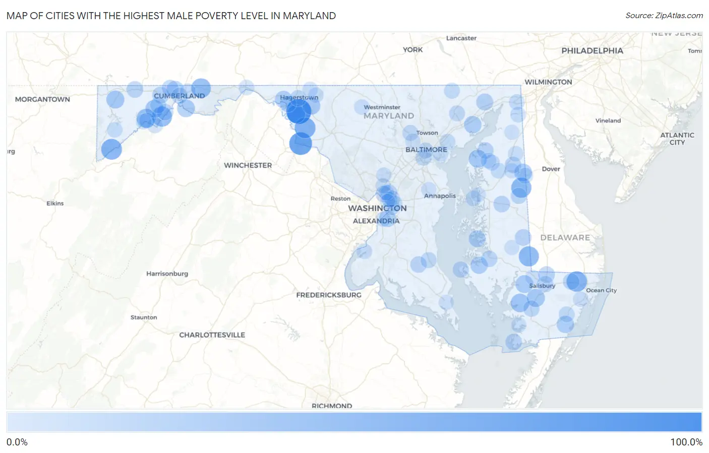 Cities with the Highest Male Poverty Level in Maryland Map