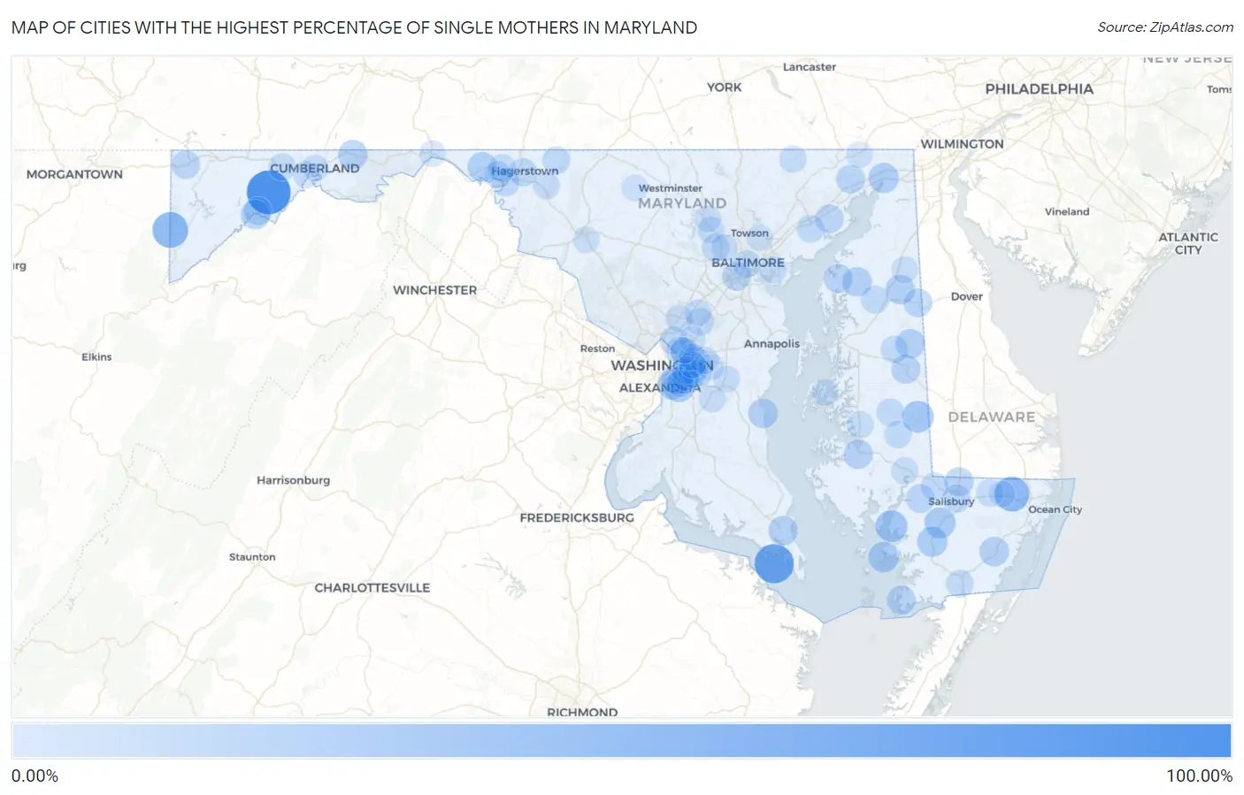 Cities with the Highest Percentage of Single Mothers in Maryland Map