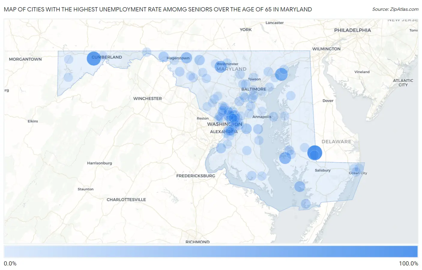Cities with the Highest Unemployment Rate Amomg Seniors Over the Age of 65 in Maryland Map