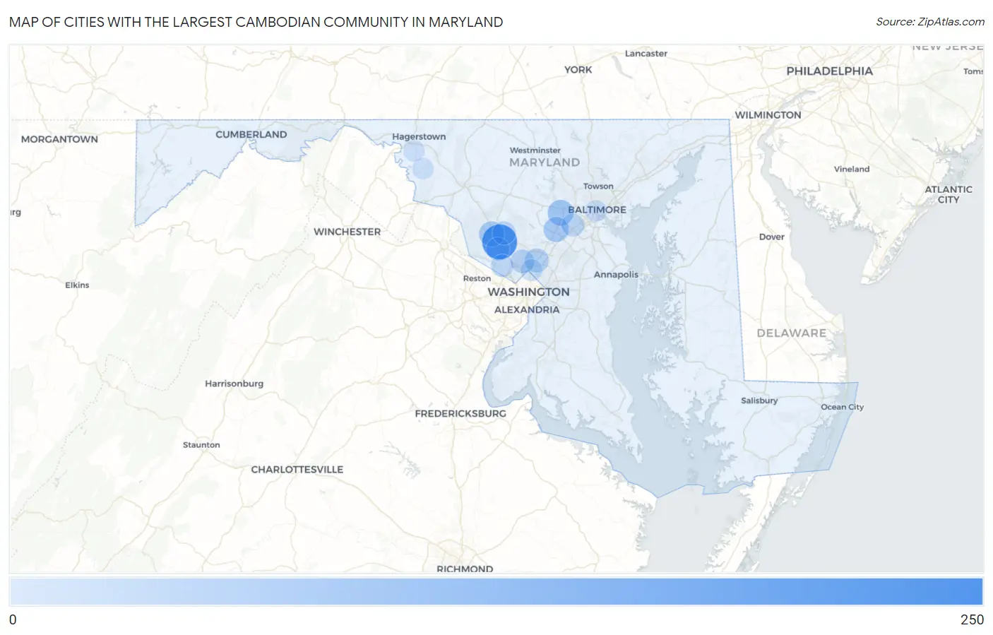 Cities with the Largest Cambodian Community in Maryland Map