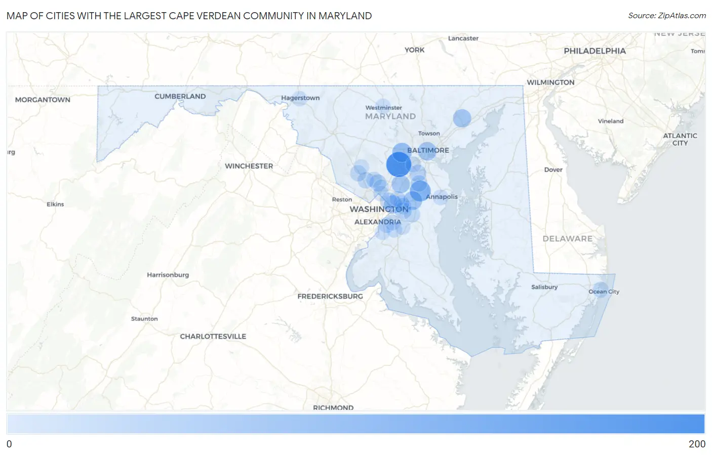 Cities with the Largest Cape Verdean Community in Maryland Map
