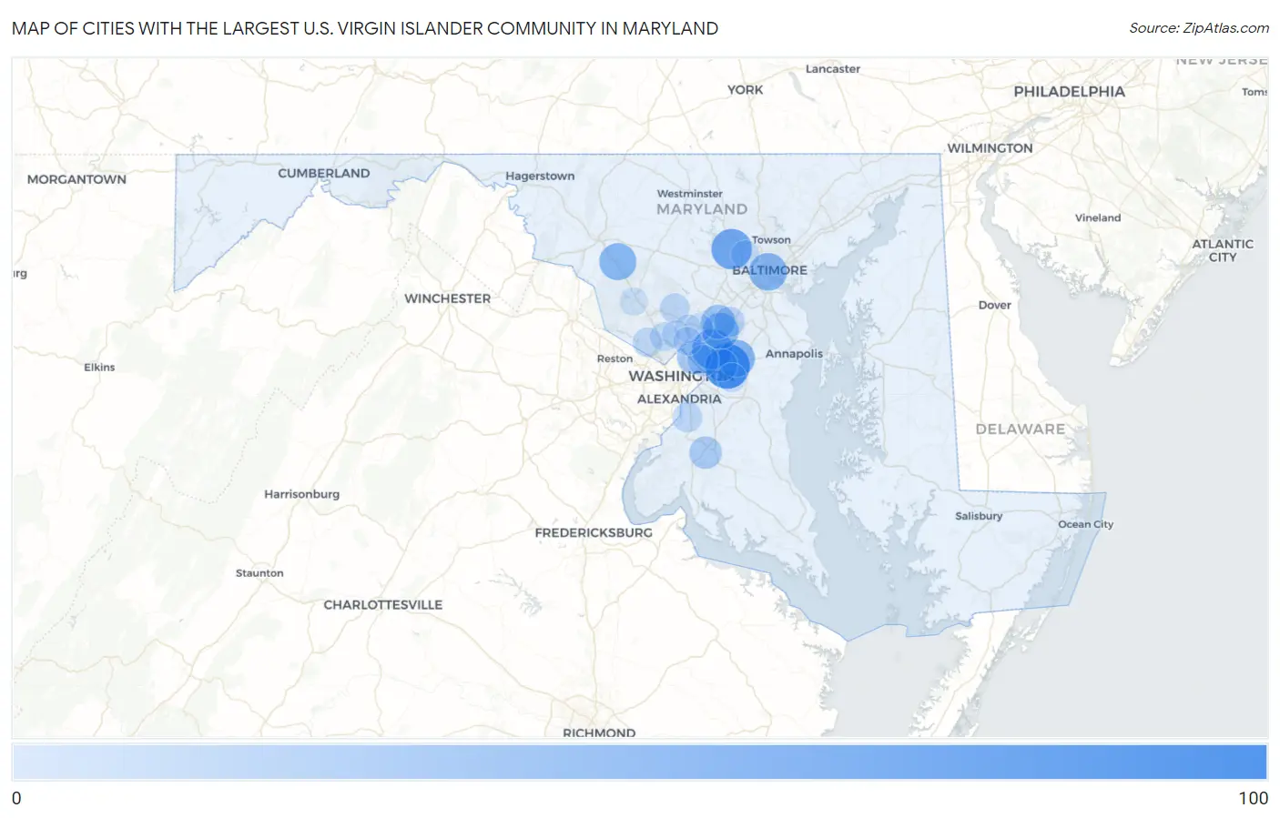 Cities with the Largest U.S. Virgin Islander Community in Maryland Map