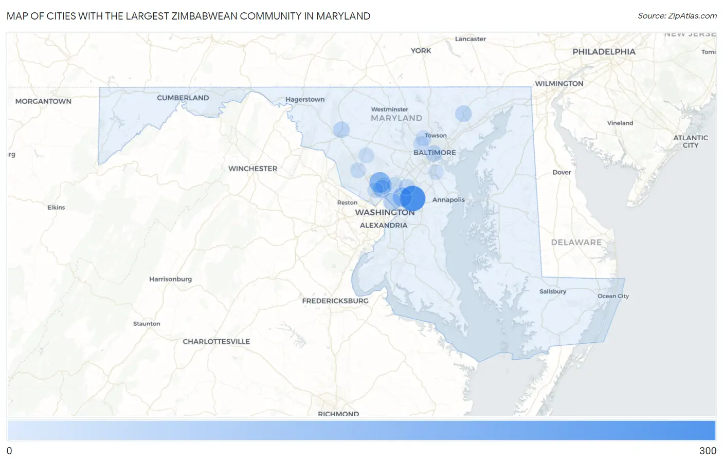 Cities with the Largest Zimbabwean Community in Maryland Map