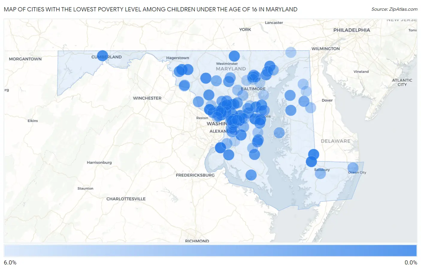 Cities with the Lowest Poverty Level Among Children Under the Age of 16 in Maryland Map
