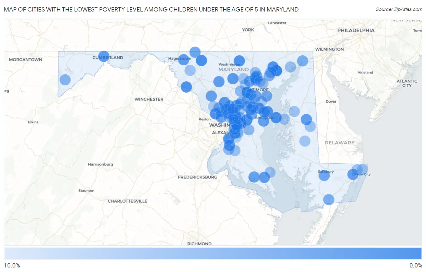 Cities with the Lowest Poverty Level Among Children Under the Age of 5 in Maryland Map