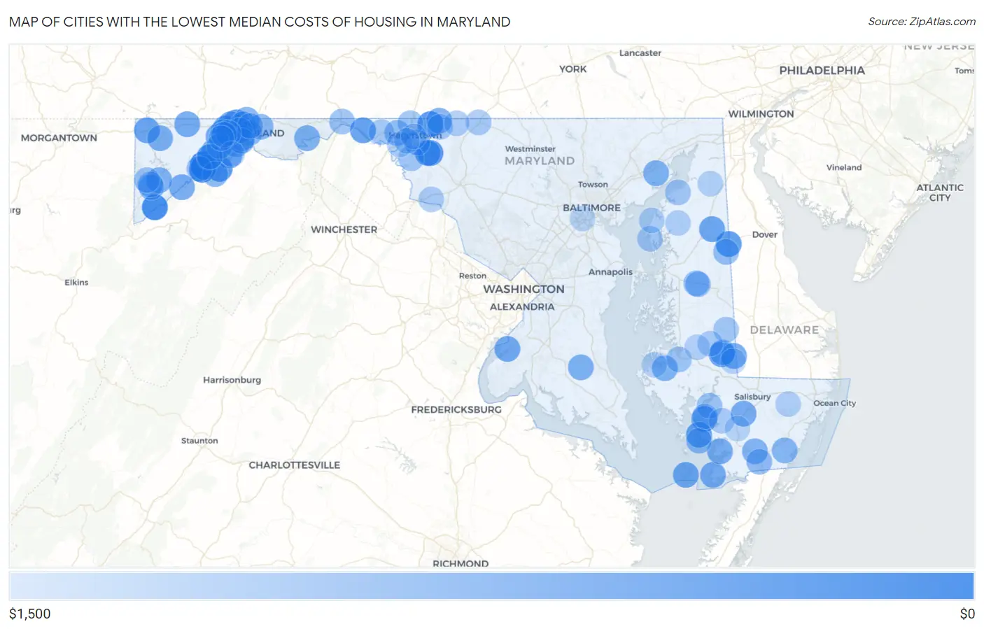 Cities with the Lowest Median Costs of Housing in Maryland Map