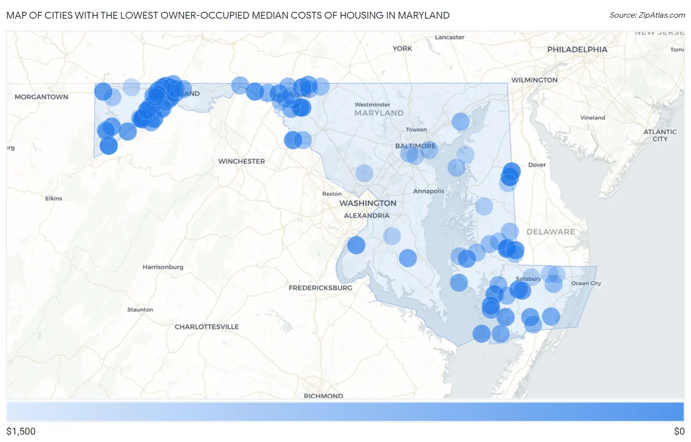 Cities with the Lowest Owner-Occupied Median Costs of Housing in Maryland Map