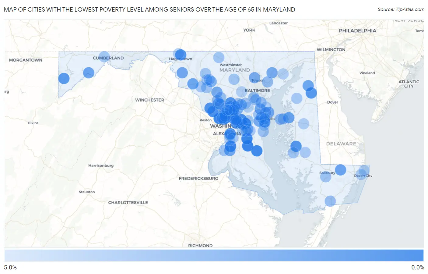 Cities with the Lowest Poverty Level Among Seniors Over the Age of 65 in Maryland Map