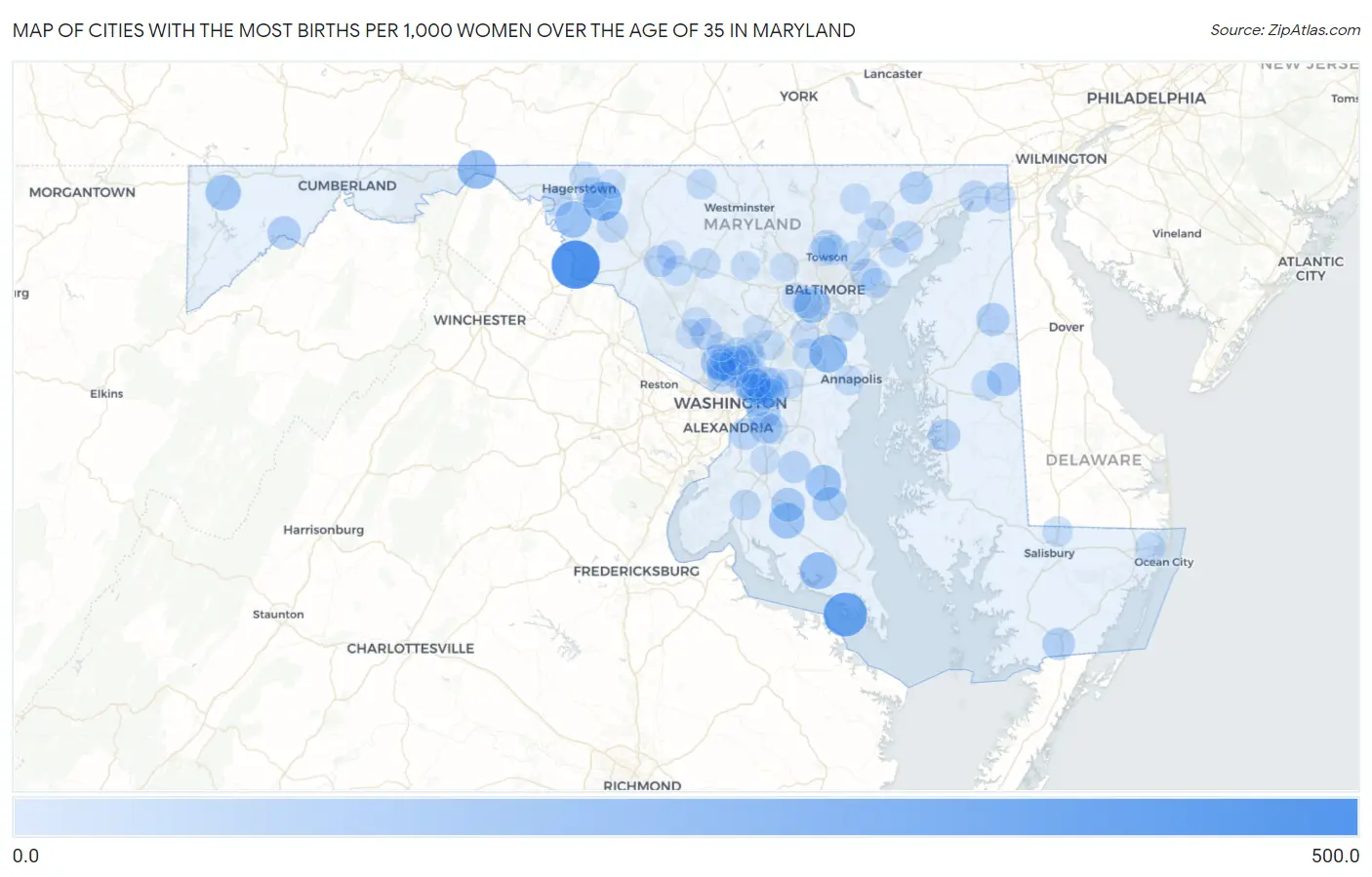 Cities with the Most Births per 1,000 Women Over the Age of 35 in Maryland Map