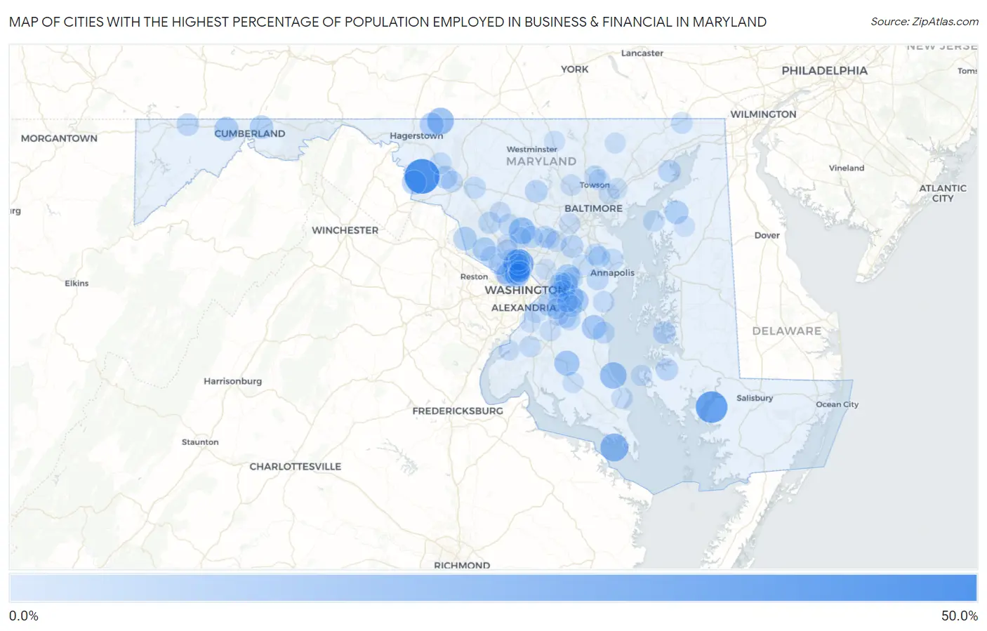 Cities with the Highest Percentage of Population Employed in Business & Financial in Maryland Map