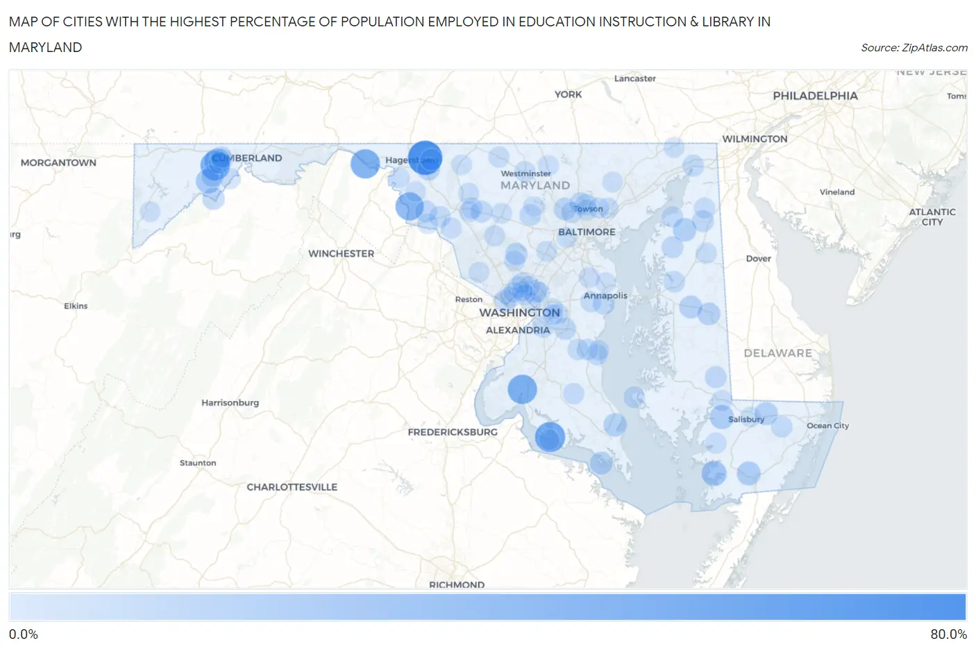 Cities with the Highest Percentage of Population Employed in Education Instruction & Library in Maryland Map