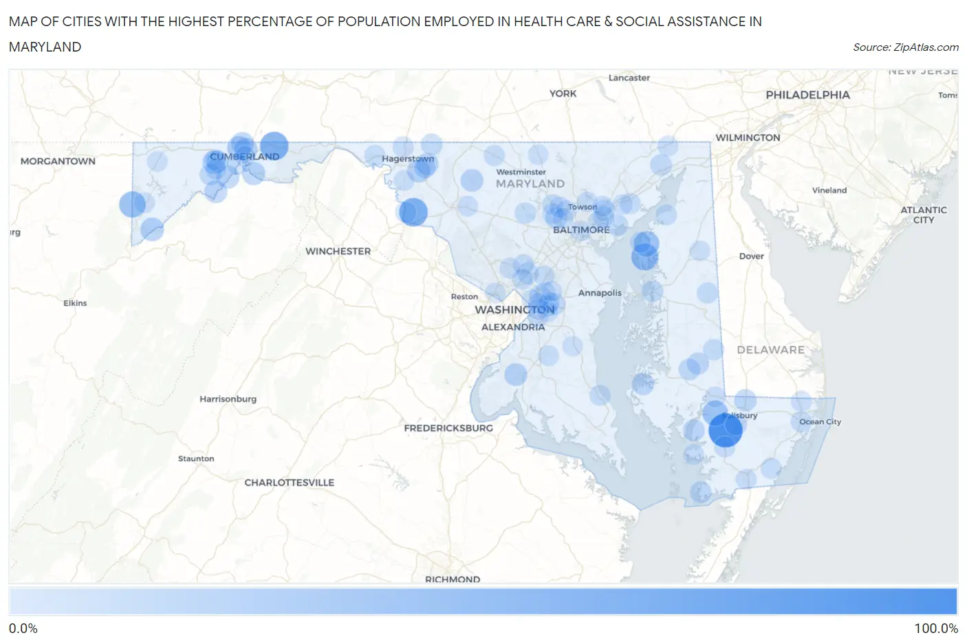 Cities with the Highest Percentage of Population Employed in Health Care & Social Assistance in Maryland Map