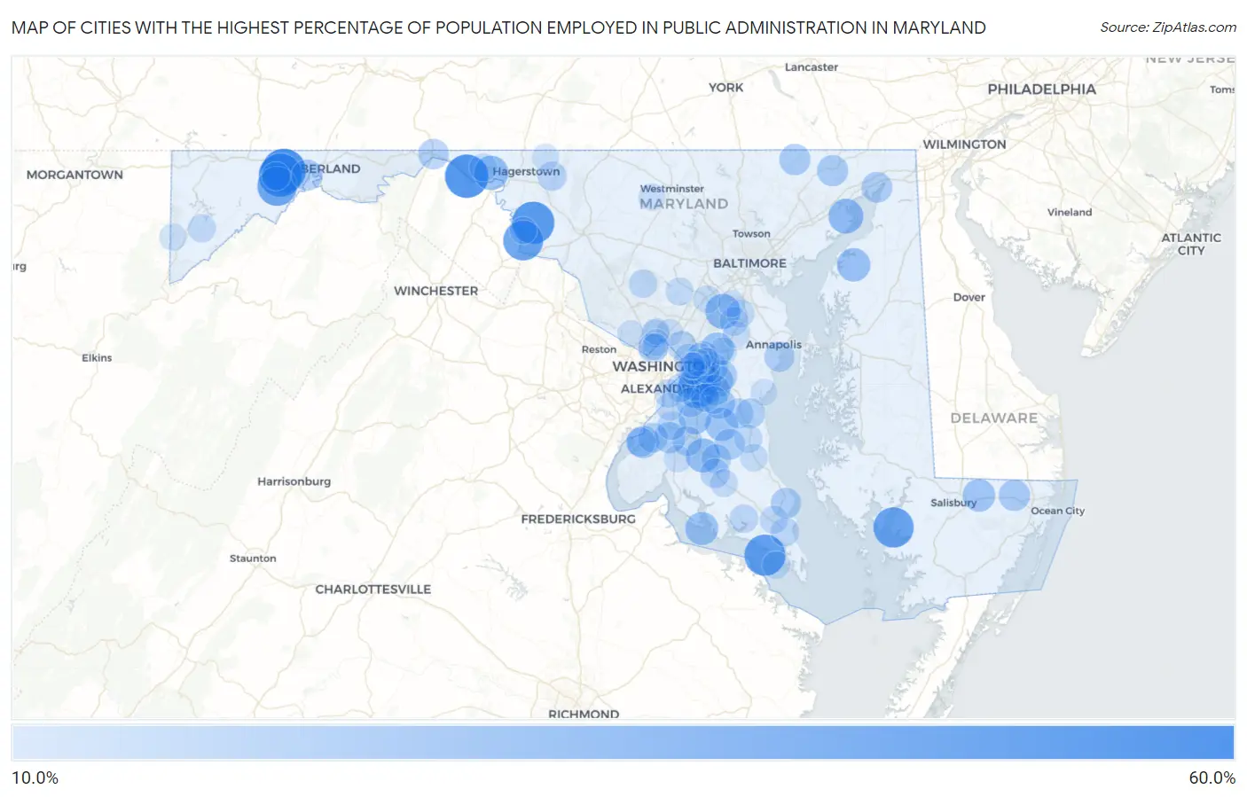 Cities with the Highest Percentage of Population Employed in Public Administration in Maryland Map