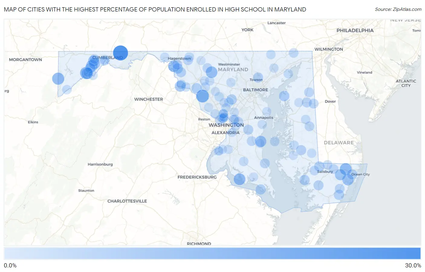 Cities with the Highest Percentage of Population Enrolled in High School in Maryland Map