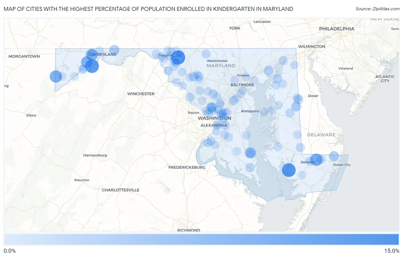 Cities with the Highest Percentage of Population Enrolled in Kindergarten in Maryland Map
