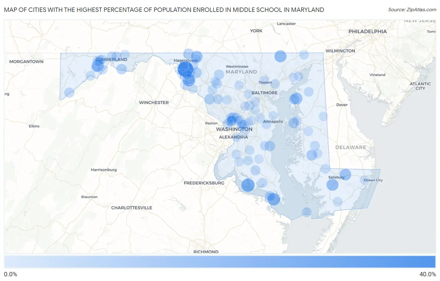 Cities with the Highest Percentage of Population Enrolled in Middle School in Maryland Map