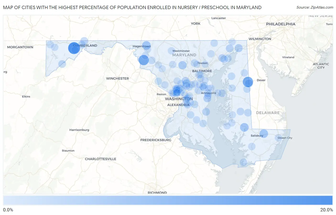 Cities with the Highest Percentage of Population Enrolled in Nursery / Preschool in Maryland Map