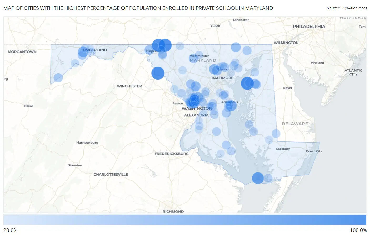 Cities with the Highest Percentage of Population Enrolled in Private School in Maryland Map