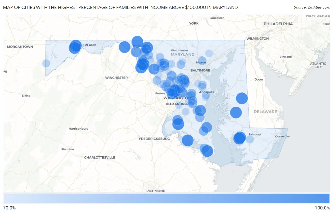 Cities with the Highest Percentage of Families with Income Above $100,000 in Maryland Map
