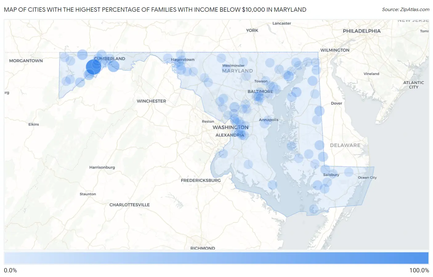 Cities with the Highest Percentage of Families with Income Below $10,000 in Maryland Map
