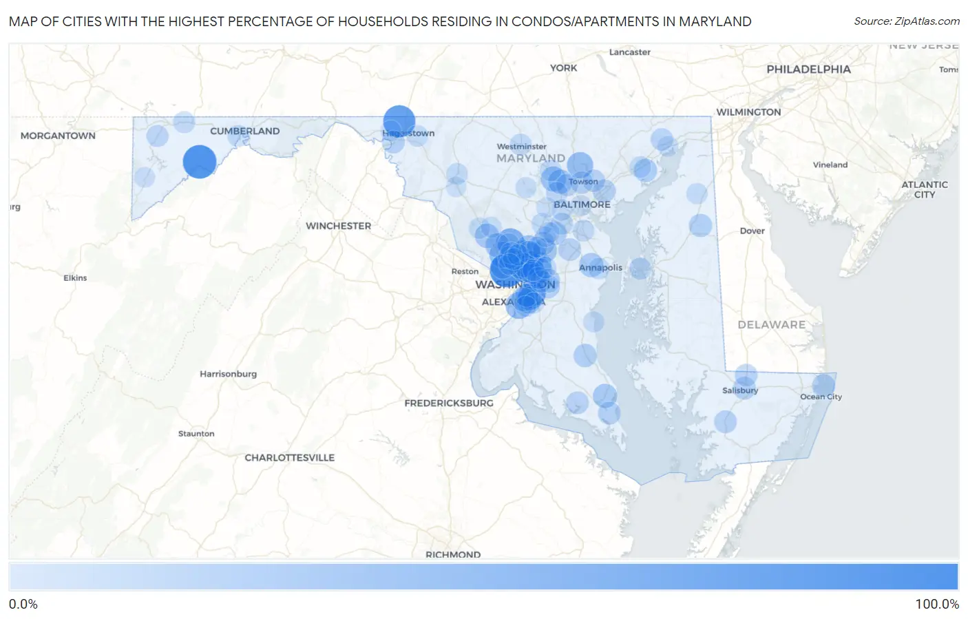 Cities with the Highest Percentage of Households Residing in Condos/Apartments in Maryland Map
