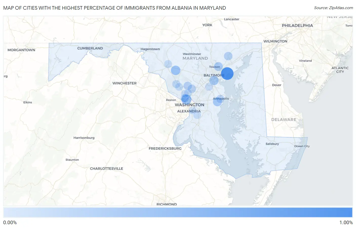 Cities with the Highest Percentage of Immigrants from Albania in Maryland Map