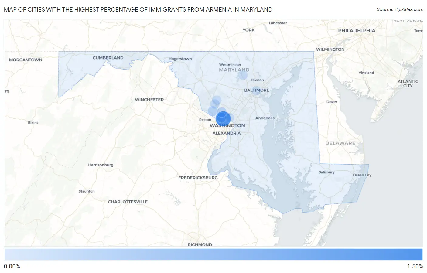 Cities with the Highest Percentage of Immigrants from Armenia in Maryland Map