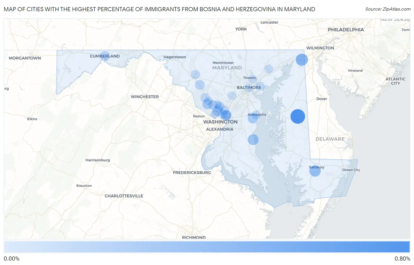 Cities with the Highest Percentage of Immigrants from Bosnia and Herzegovina in Maryland Map