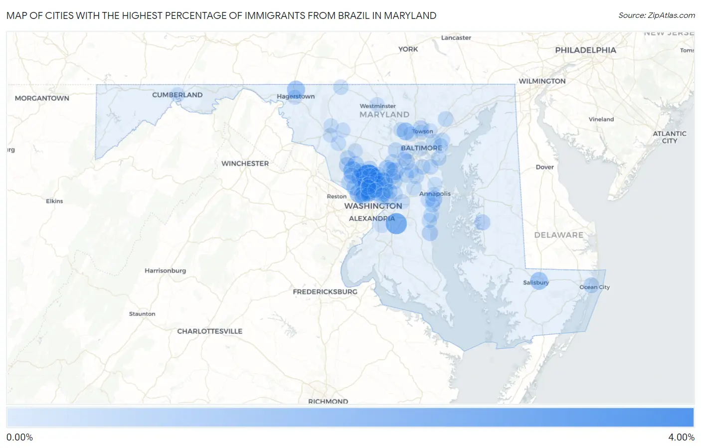 Cities with the Highest Percentage of Immigrants from Brazil in Maryland Map
