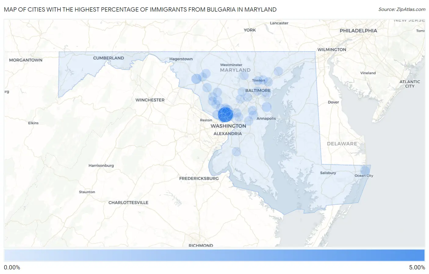 Cities with the Highest Percentage of Immigrants from Bulgaria in Maryland Map