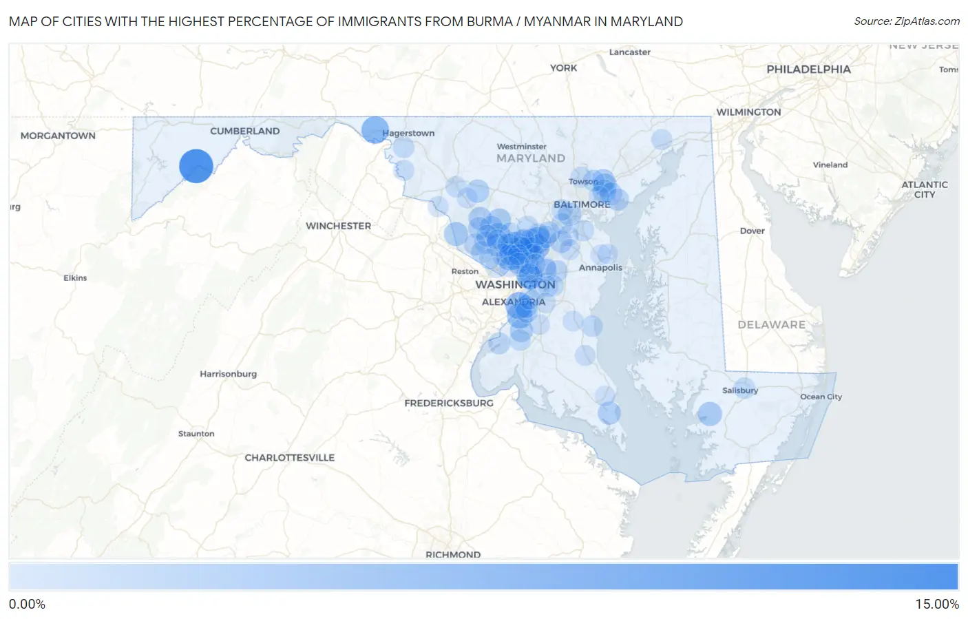 Cities with the Highest Percentage of Immigrants from Burma / Myanmar in Maryland Map
