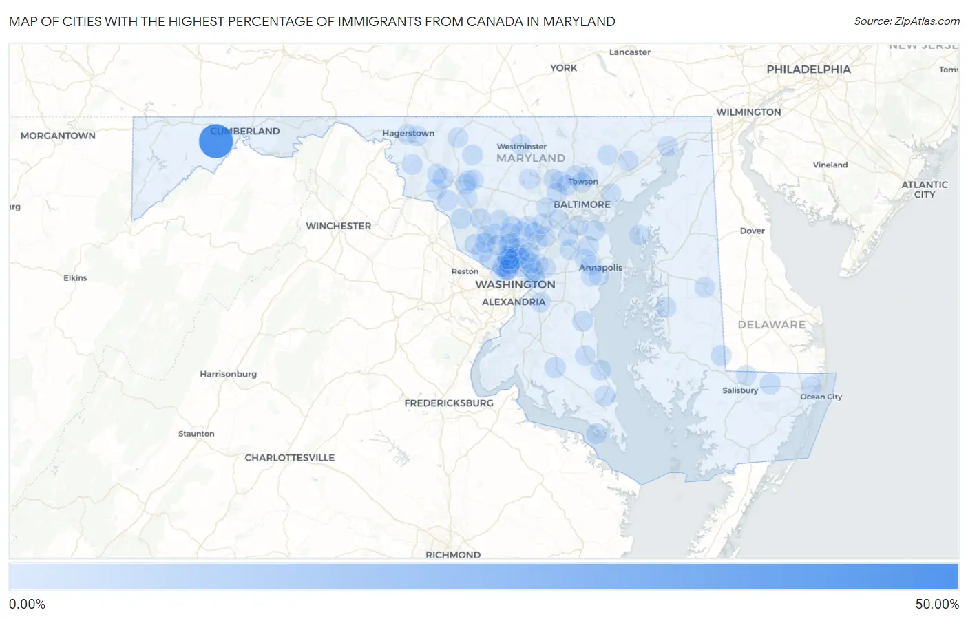 Cities with the Highest Percentage of Immigrants from Canada in Maryland Map