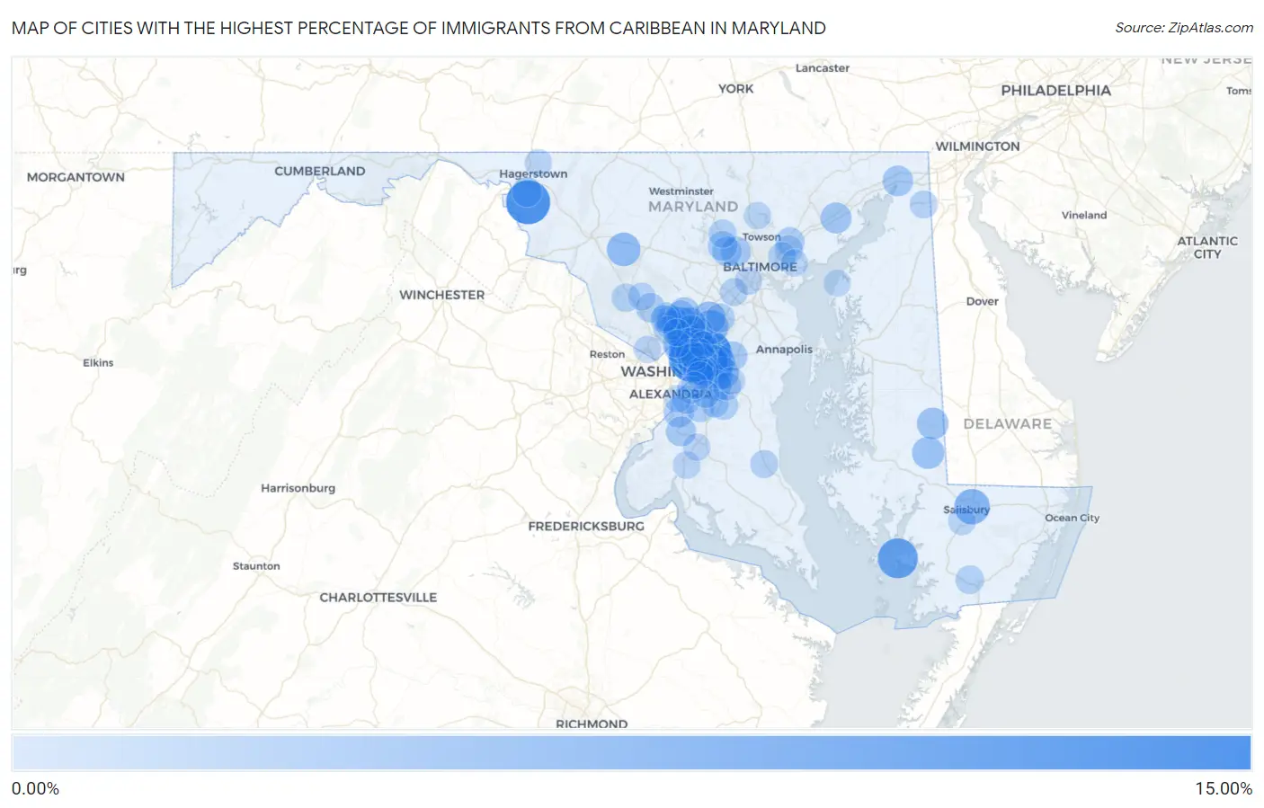 Cities with the Highest Percentage of Immigrants from Caribbean in Maryland Map