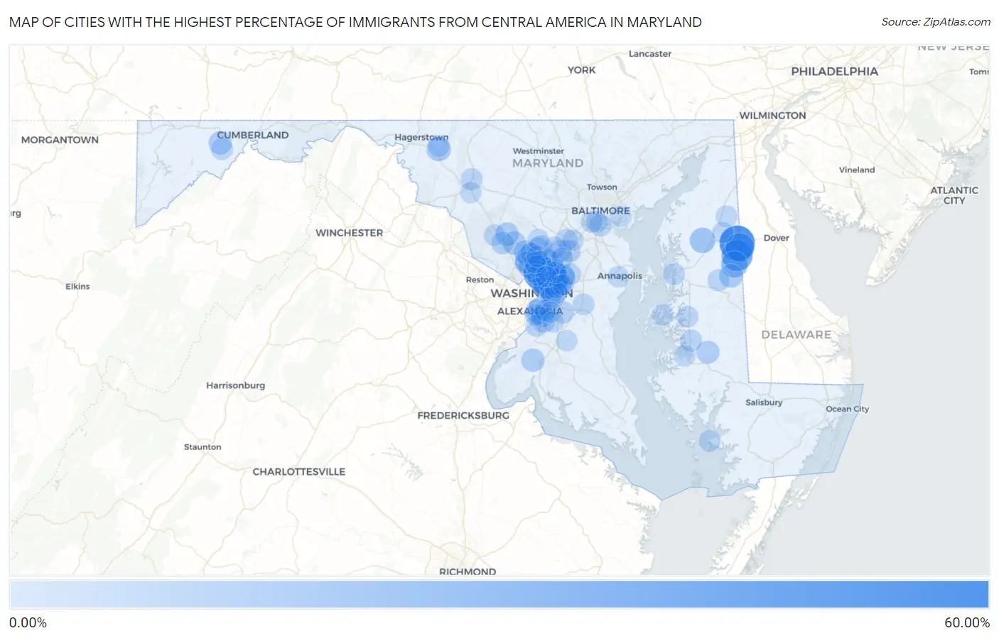 Cities with the Highest Percentage of Immigrants from Central America in Maryland Map