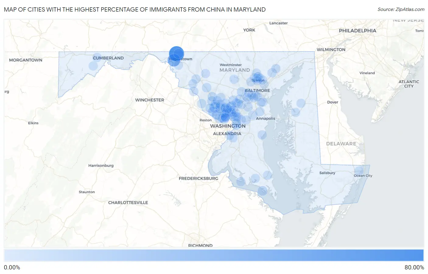 Cities with the Highest Percentage of Immigrants from China in Maryland Map