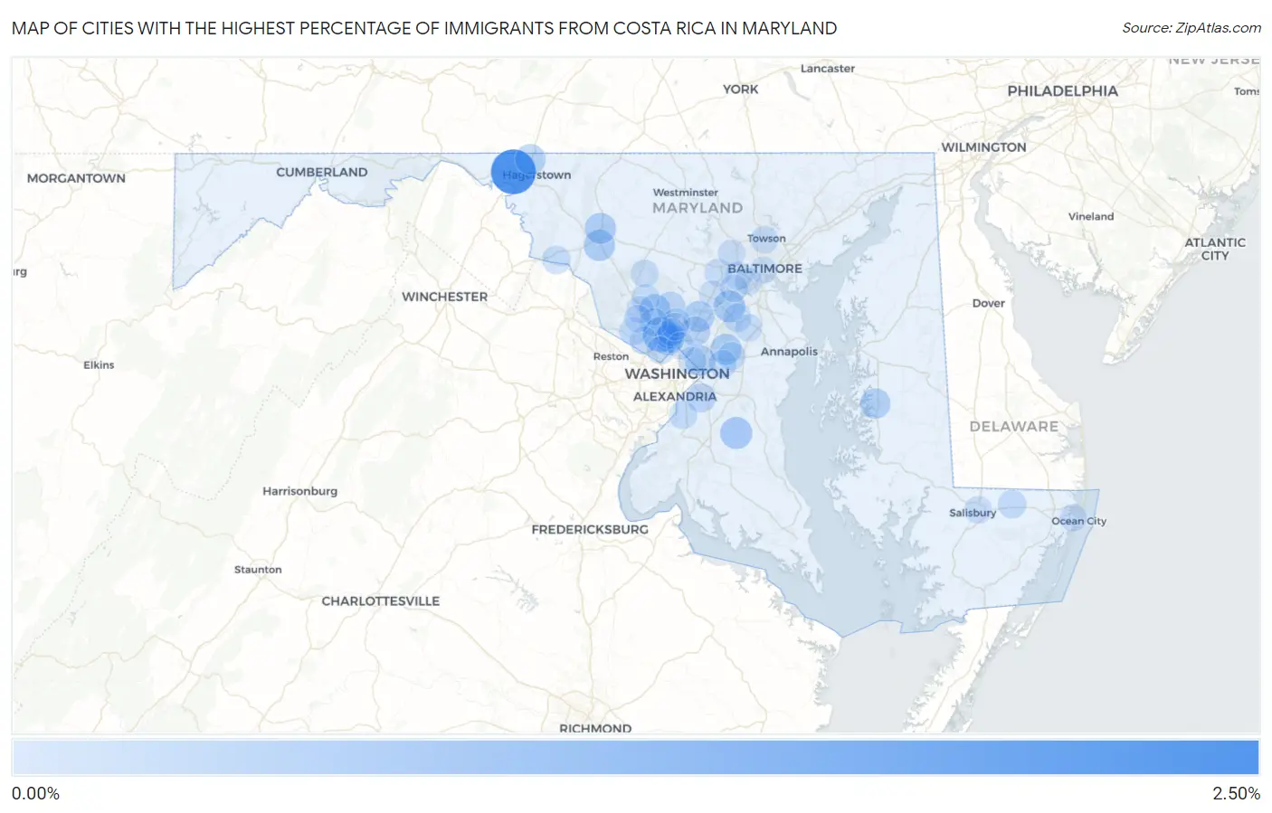Cities with the Highest Percentage of Immigrants from Costa Rica in Maryland Map