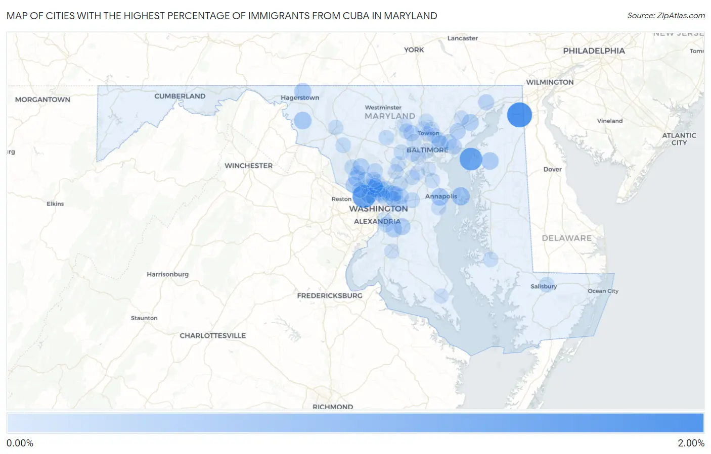 Cities with the Highest Percentage of Immigrants from Cuba in Maryland Map