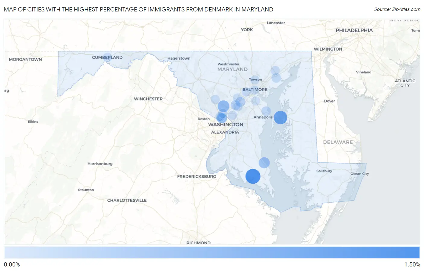 Cities with the Highest Percentage of Immigrants from Denmark in Maryland Map