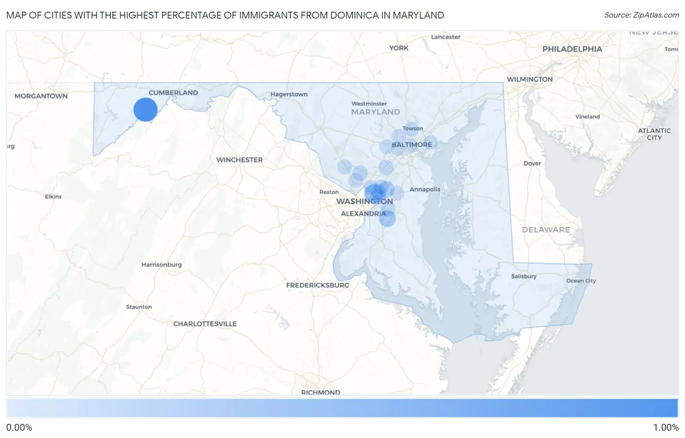 Cities with the Highest Percentage of Immigrants from Dominica in Maryland Map