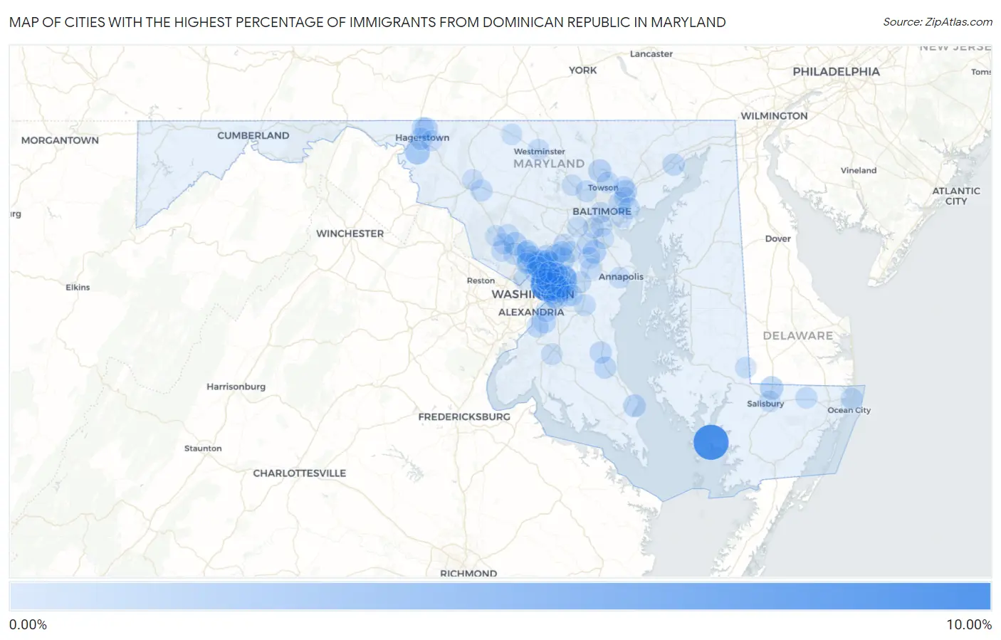 Cities with the Highest Percentage of Immigrants from Dominican Republic in Maryland Map