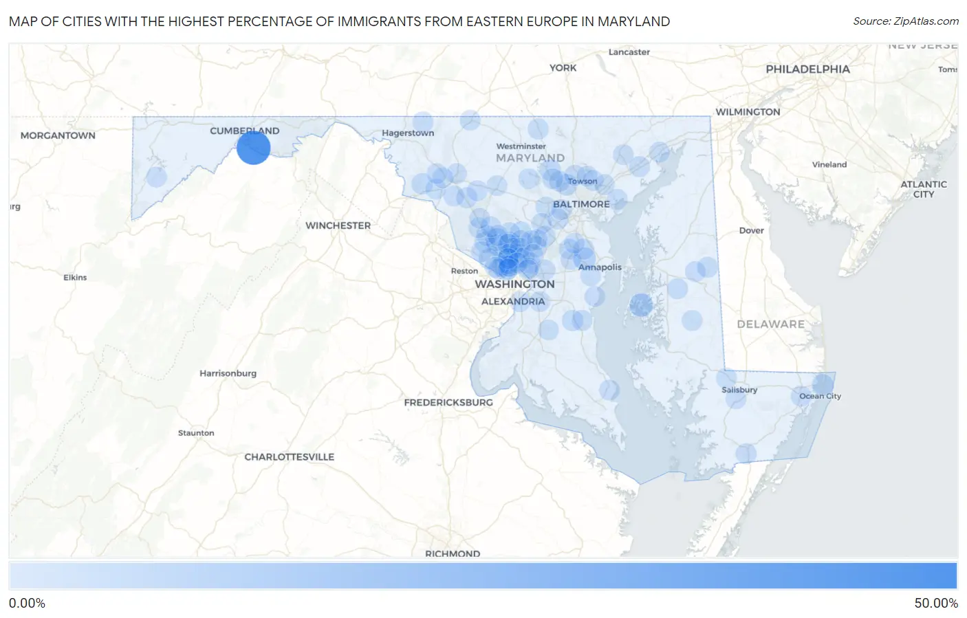 Cities with the Highest Percentage of Immigrants from Eastern Europe in Maryland Map