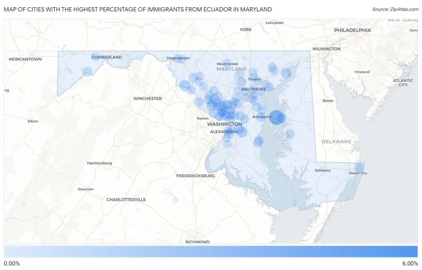 Cities with the Highest Percentage of Immigrants from Ecuador in Maryland Map