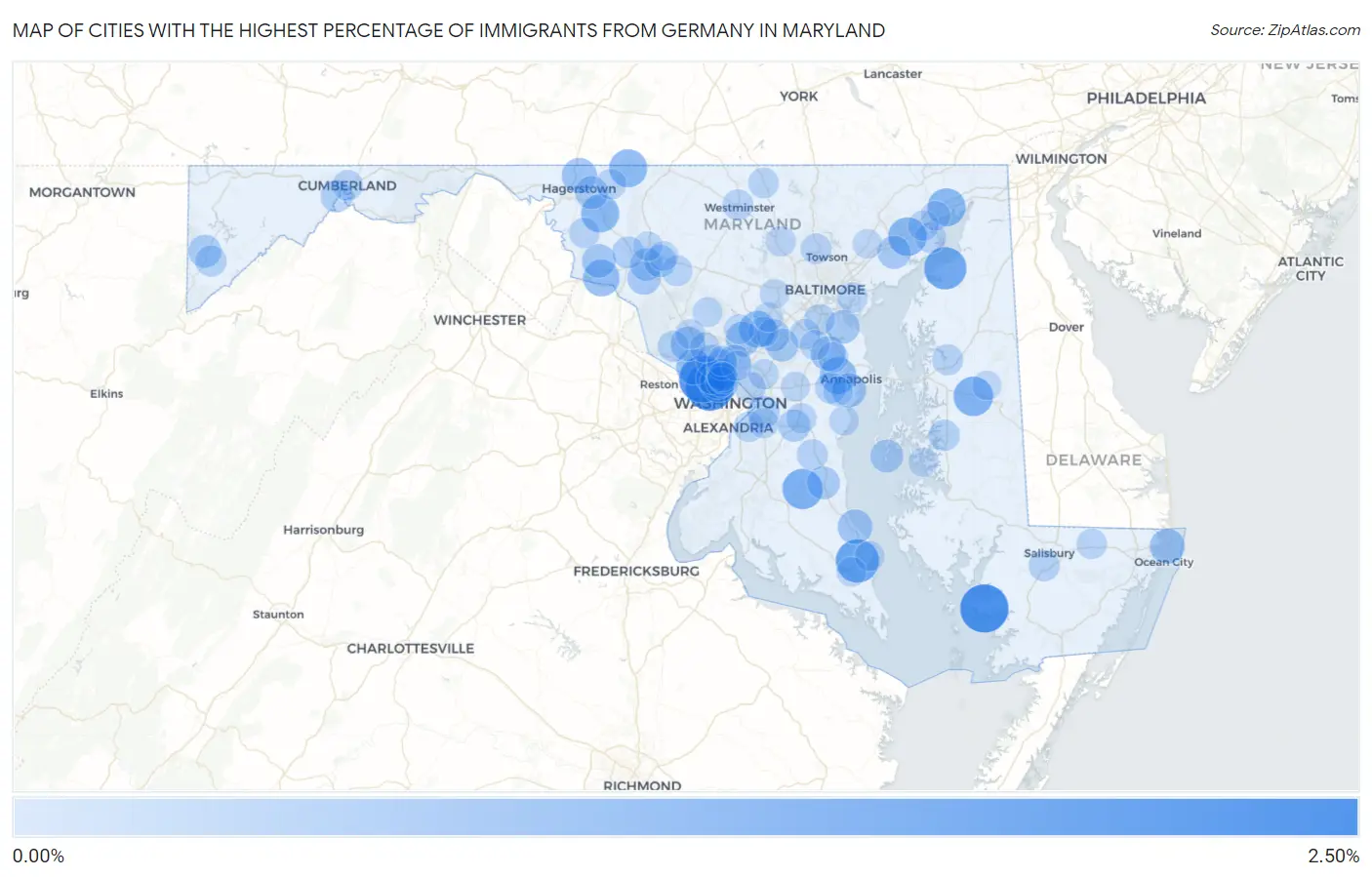 Cities with the Highest Percentage of Immigrants from Germany in Maryland Map