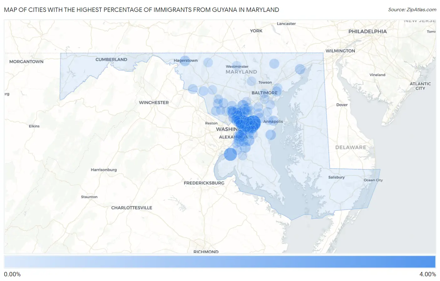 Cities with the Highest Percentage of Immigrants from Guyana in Maryland Map