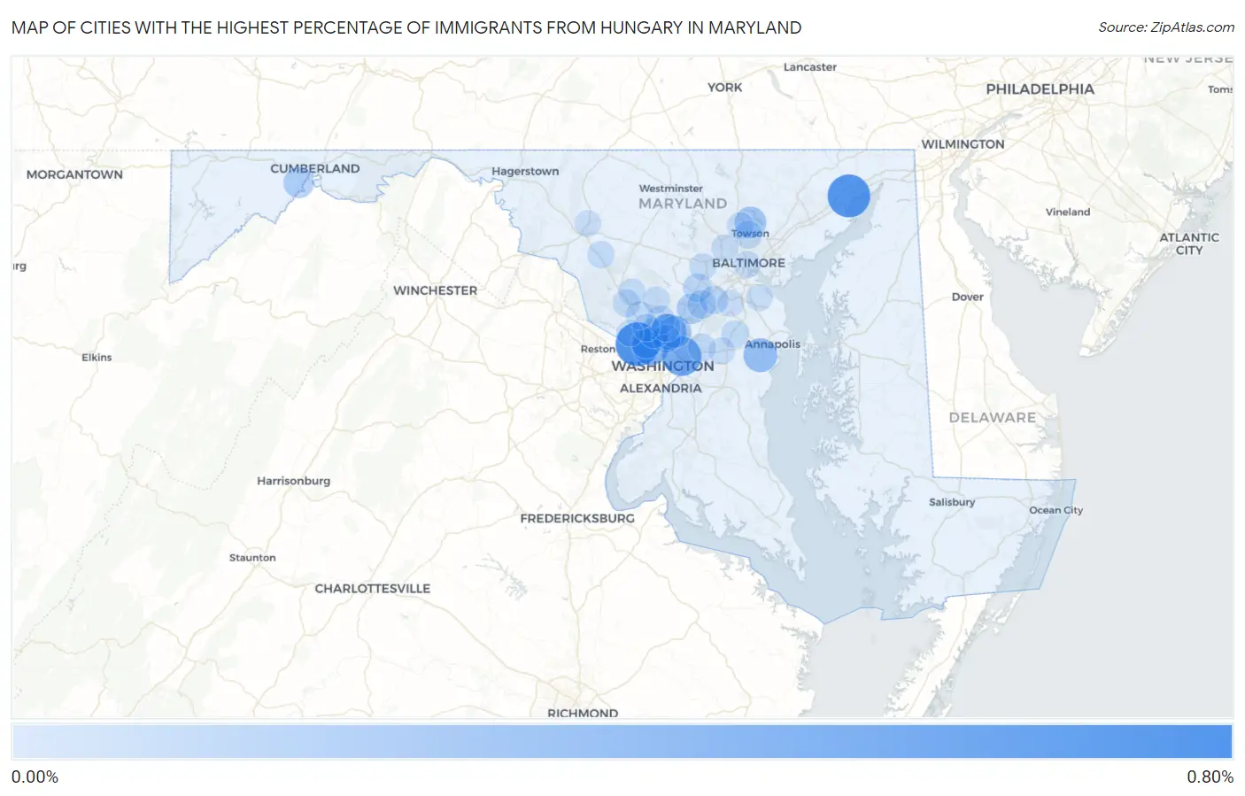 Cities with the Highest Percentage of Immigrants from Hungary in Maryland Map