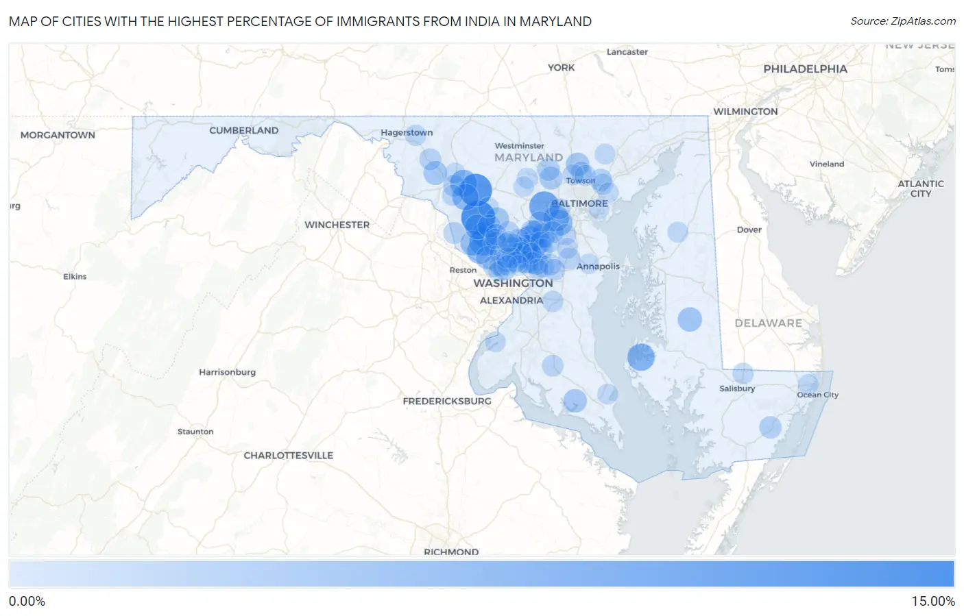 Cities with the Highest Percentage of Immigrants from India in Maryland Map