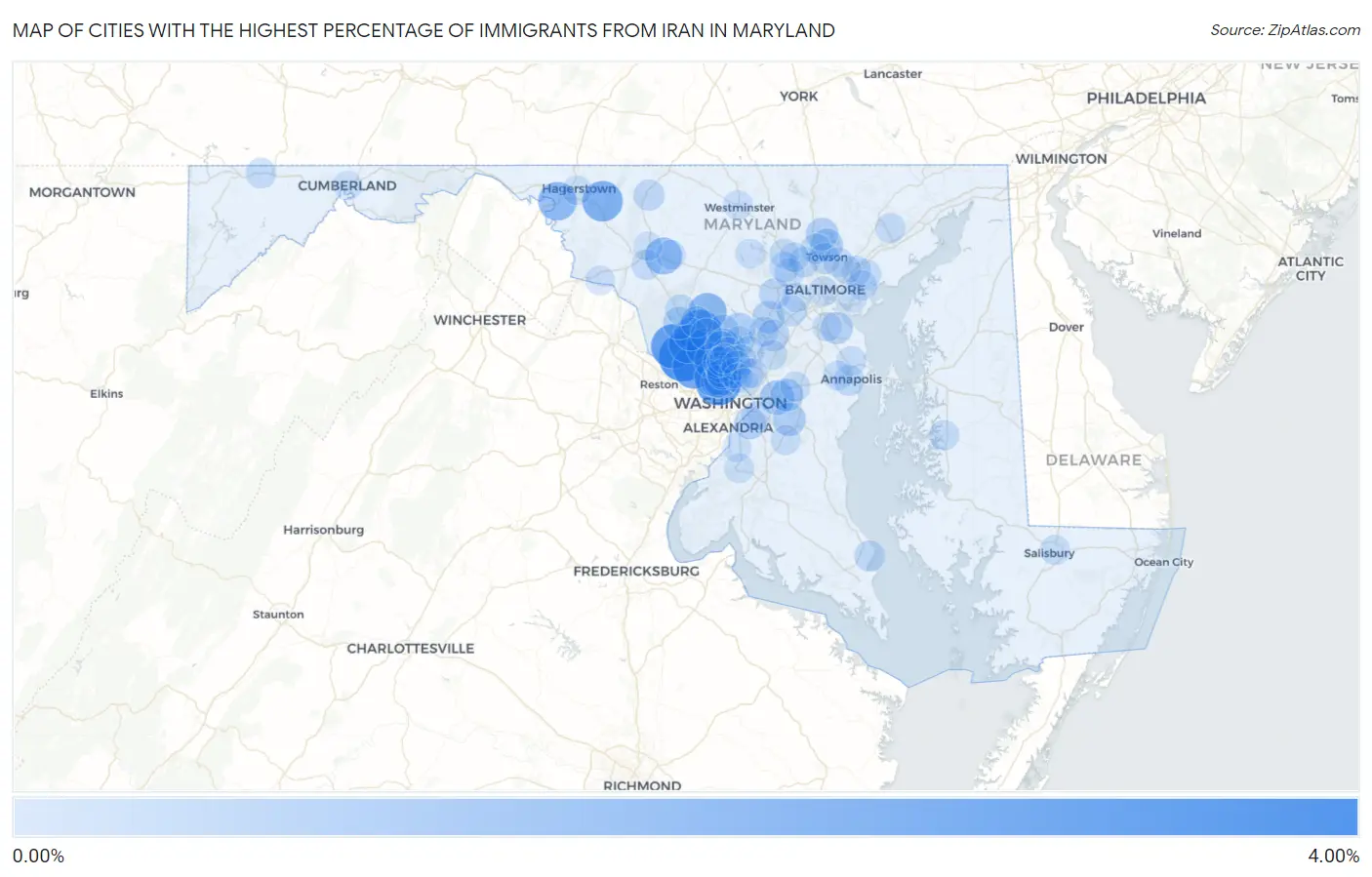 Cities with the Highest Percentage of Immigrants from Iran in Maryland Map
